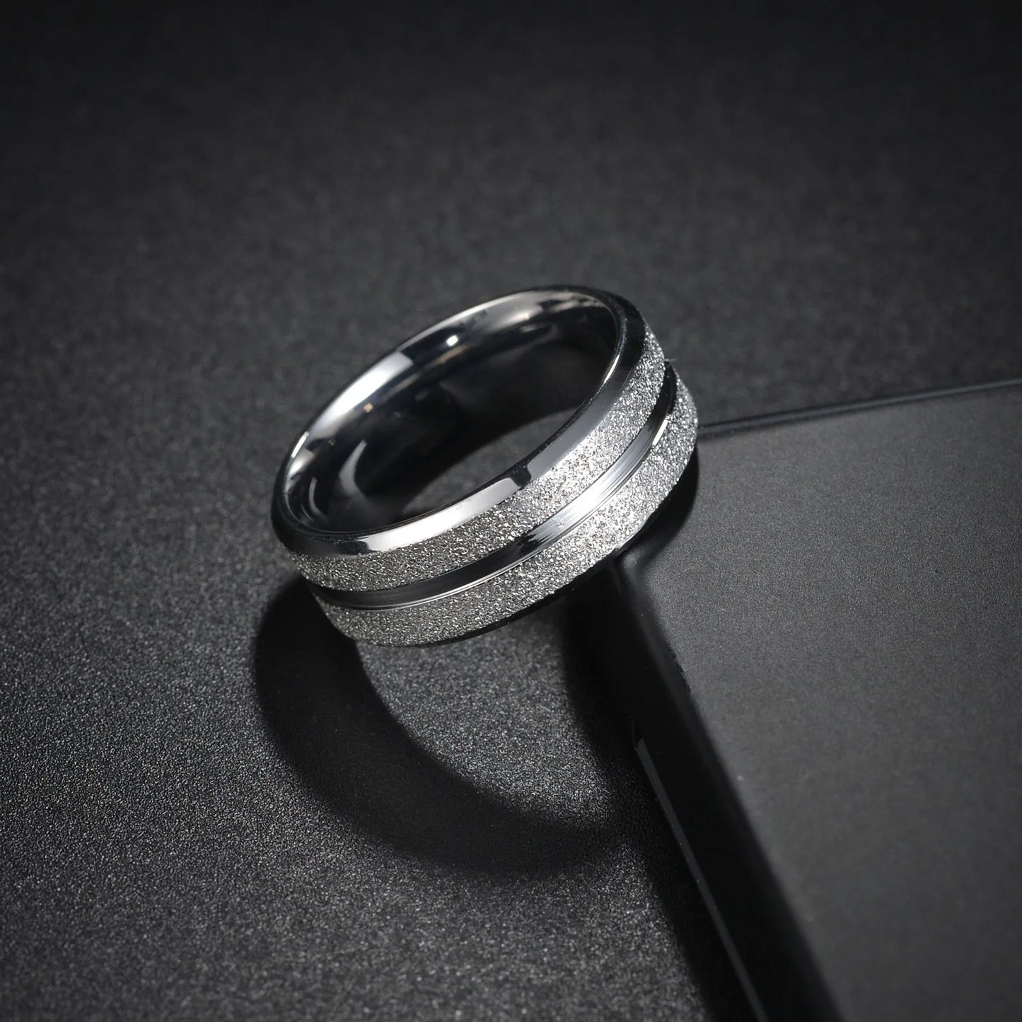 Trendy 8mm Men Frosted Stainless Steel Rings Silver Color Brushed Groove Beveled Edge Engagement Rings For Men Wedding Jewelry