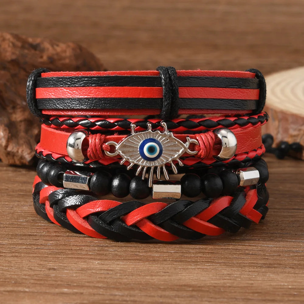 Red Beads Vintage Feather Casual 4 Pc/set Handmade Men Bracelets Male Women Leather Bracelets Men Bangle Wholesale Jewelry Gift
