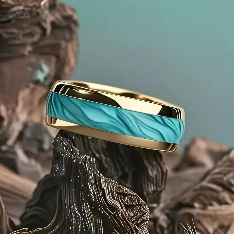Fashion Black Men Stainless Steel Ring with Volcanic Lava and Golden Foil Pattern Inlay Rings for Men Wedding Jewelry Drop Ship