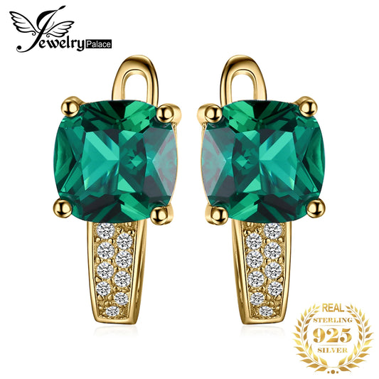 JewelryPalace Cushion Cut Simulated Emerald 925 Sterling Silver Fashion Clip Earrings for Woman Yellow Gold Rose Gold Plated