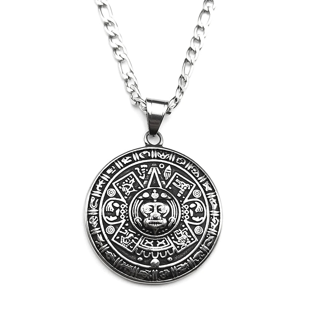 Vintage Mayan Symbol Pendant Necklace For Men Women Stainless Steel Black Ethnic Style Faith Amulet Chain Jewelry Accessories