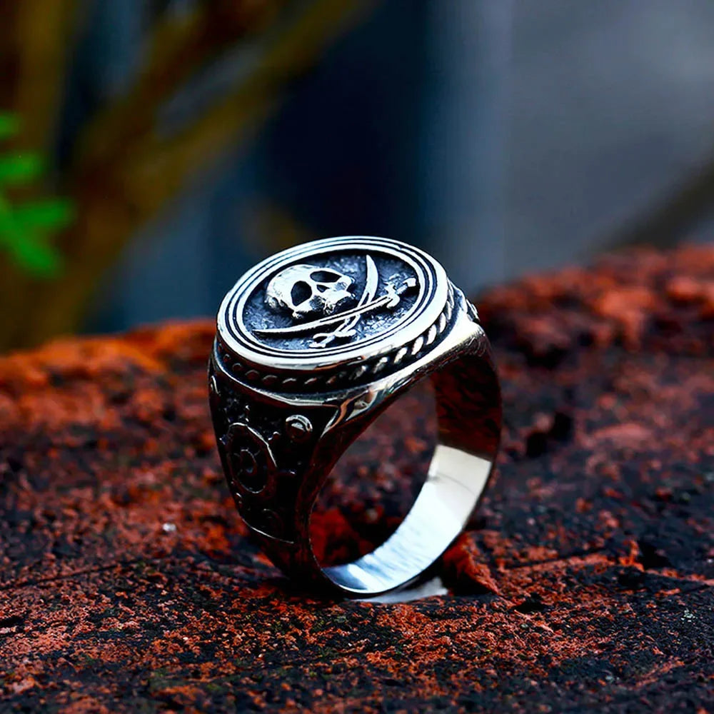 Vintage Pirate Signet Double Knife Skull Rings Men Stainless Steel Viking Compass Ring Biker Amulet Jewelry Gift Drop Shipping