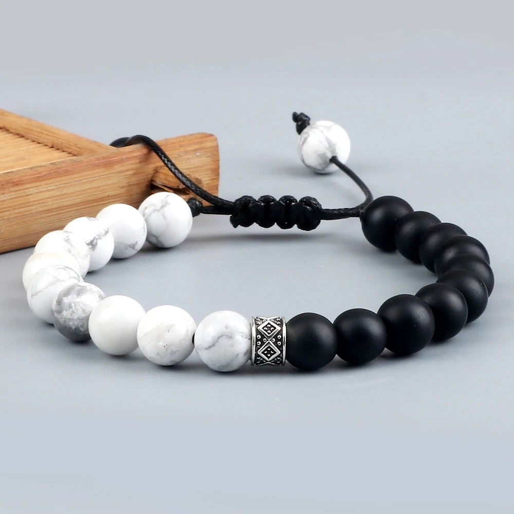 Fashion Black White Beaded Bracelets For Men 8mm Natural White Howlite Stone Beads Bracelet Women Meditation Prayer Jewelry Gift