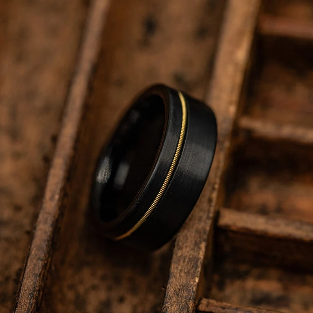 Fashion Black Stainless Steel Rings for Men With Guitar String Inlay Guitarist Ring For Musician Wedding Jewelry Drop Shipping