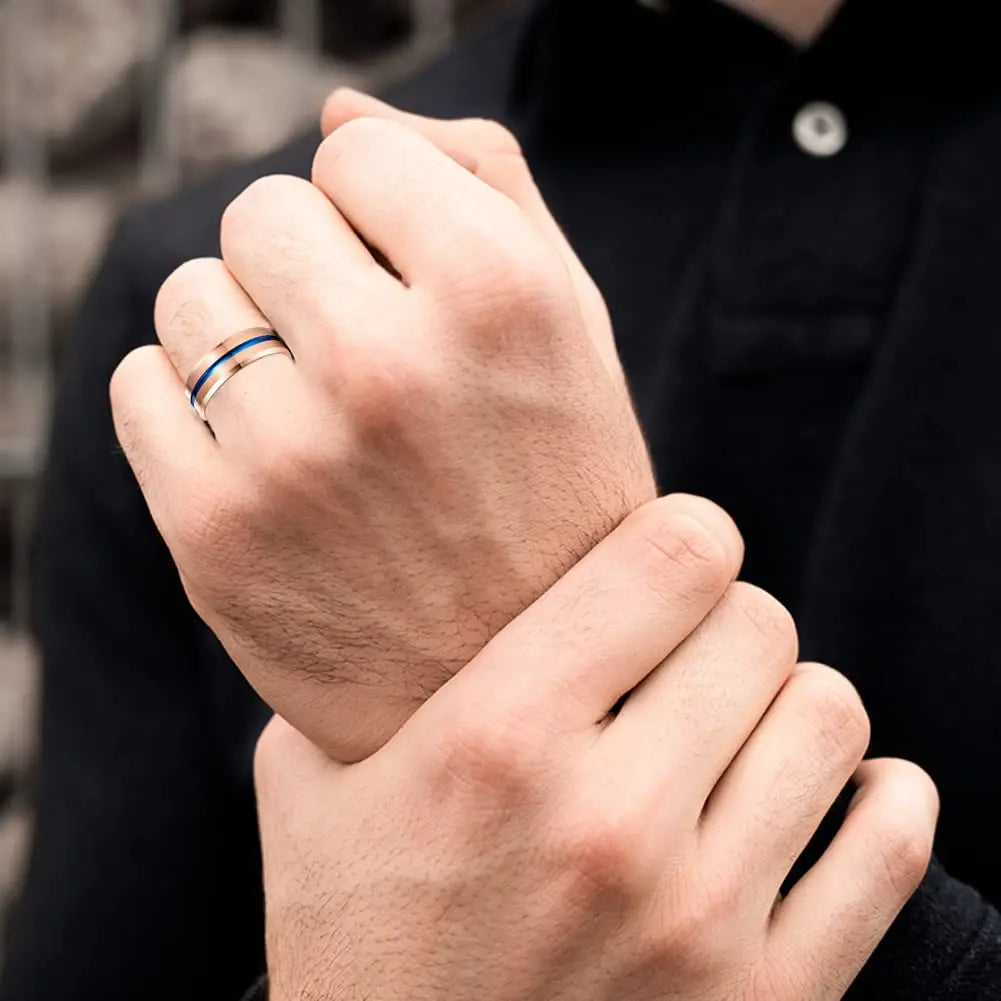 Trendy 8mm Rose Gold Color Groove Beveled Edge Titanium Men Wedding Rings Black Brushed Stainless steel Ring Men's Wedding Band