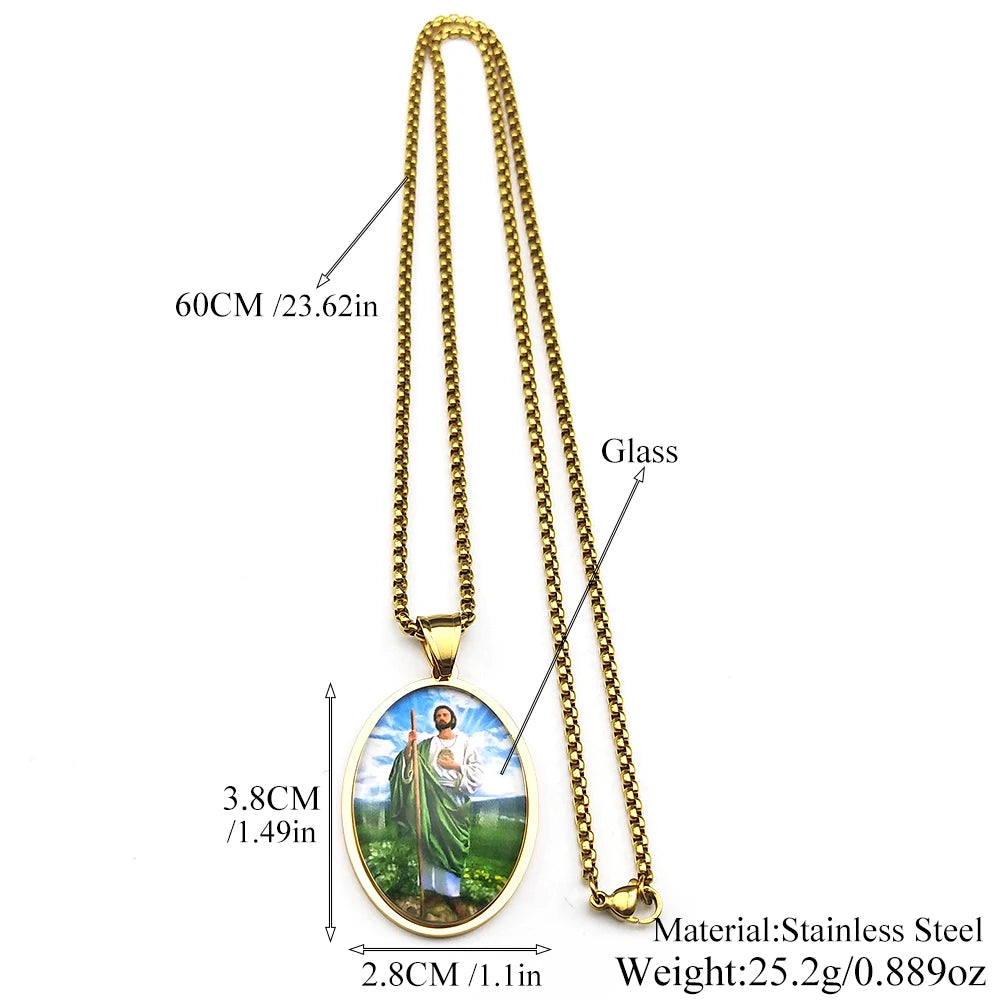 Christian San Judas Tadeo Glass Medal Pendant Necklace for Women Men Stainless Steel Gold Color Saint Jude Amulet Jewelry Gift