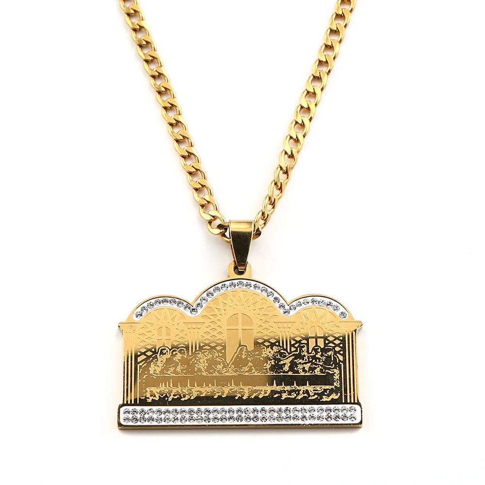 Thirteen Apostles Of Judaism Rhinestones Pendant Necklace Women Men Stainless Steel Gold Color The Last Supper Chain Jewelry