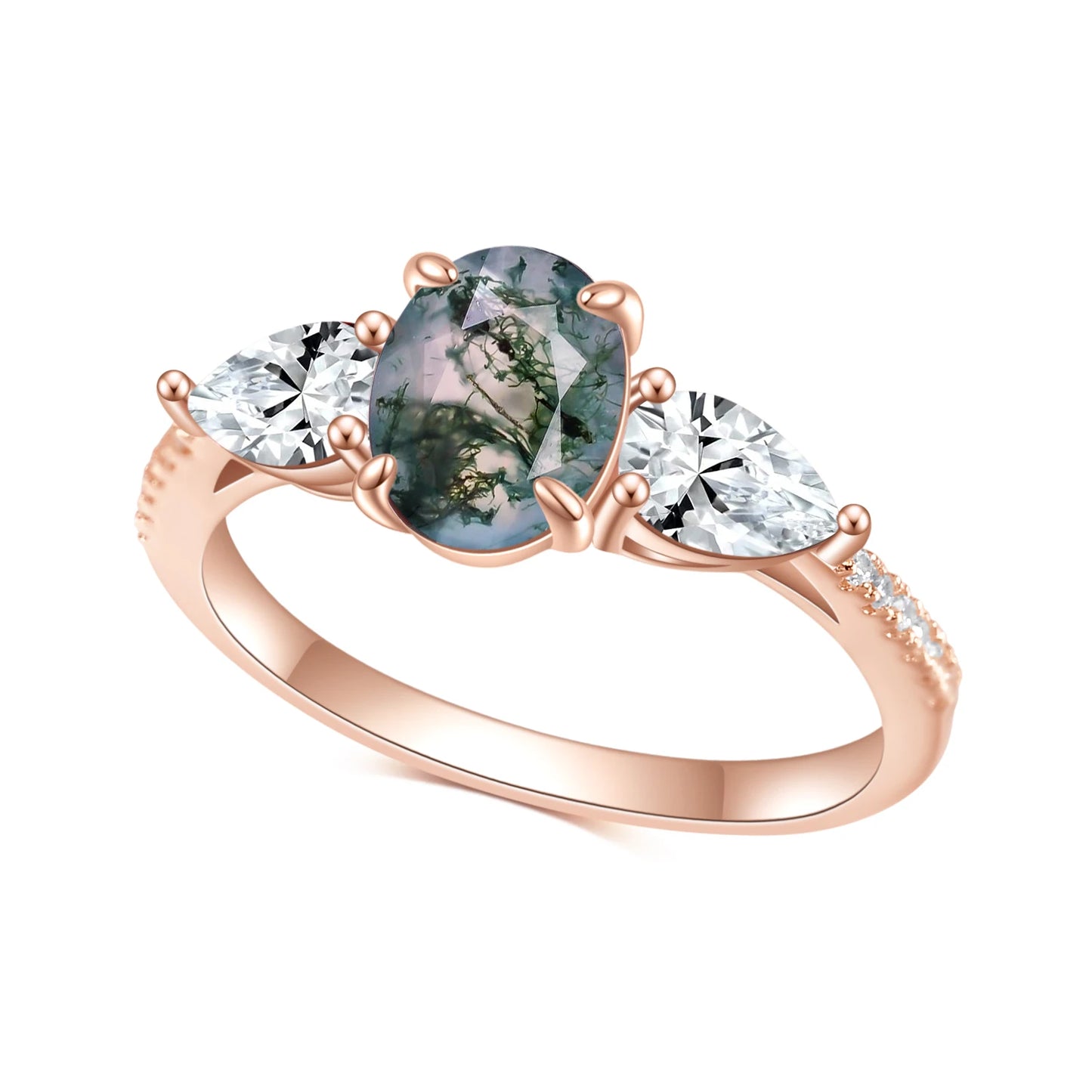 GEM'S BALLET Elegant 1.18CT Oval Cut Moss Agate Classic Three Stone Engagement Rings in 925 Sterling Silver Gift For Her 925 Sterling Silver Moss Agate