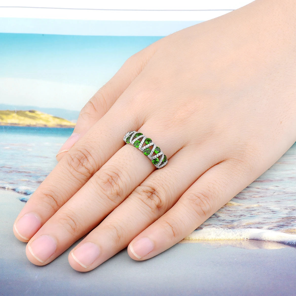 Natural Chrome Diopside Solid Sterling Silver Rings 1.5 Carats Gemstone Women Romantic Elegant S925 Fine Jewelrys Daily Style