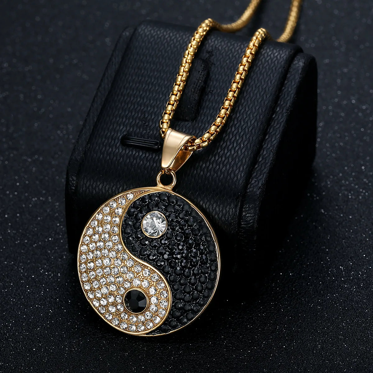 Unisex HipHop Rhinestone Jewelry Stainless Steel Gold Plated YinYang Bagua Pendant Necklace for Gift