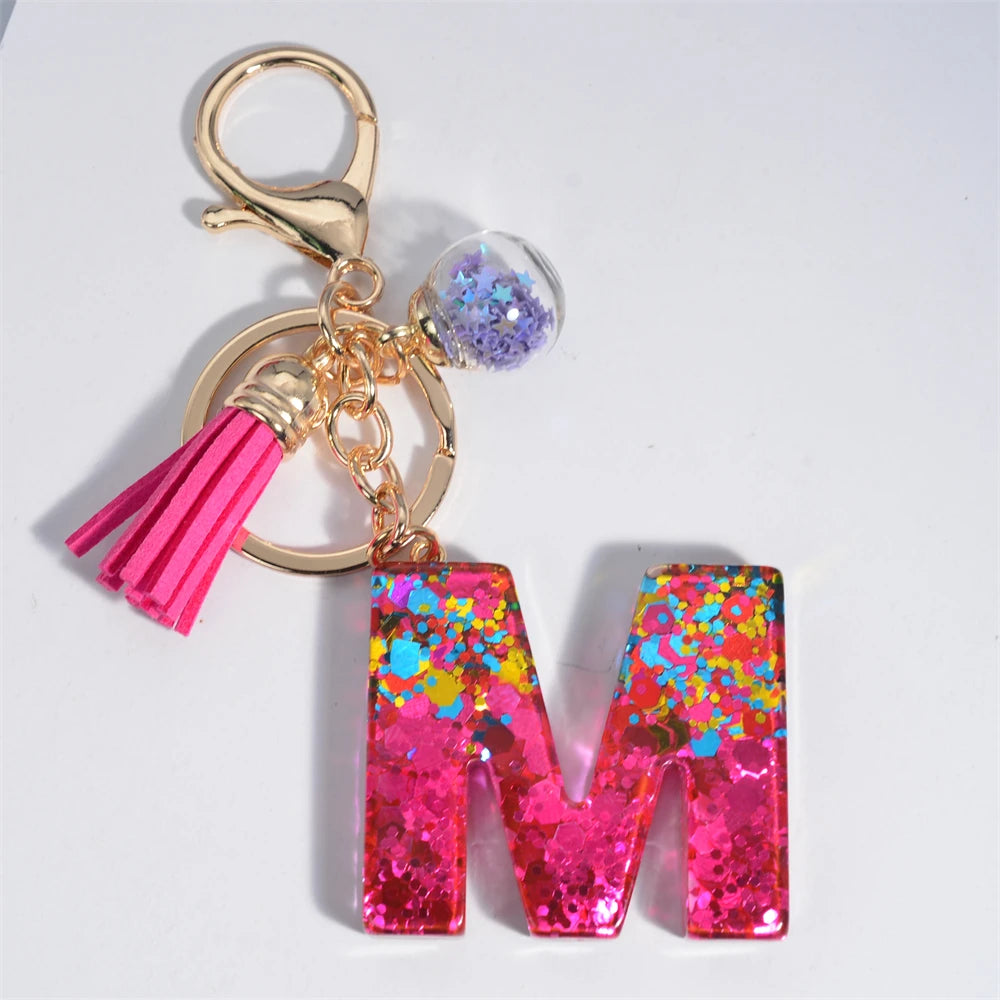 Colorful Letter Keychain Pendant Glitter Sequin Resin Key Chain Tassel Charms With Ball Keyring Jewelry For Women Bag Ornaments M