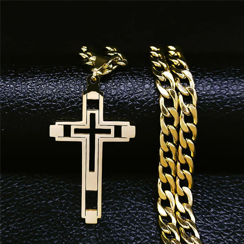 2026 Hip Hop Cross Stainless Steel Chain Necklaces Gold Color Long Pendant Necklace for Women/Men Jewelry Collier Homme N6055S05