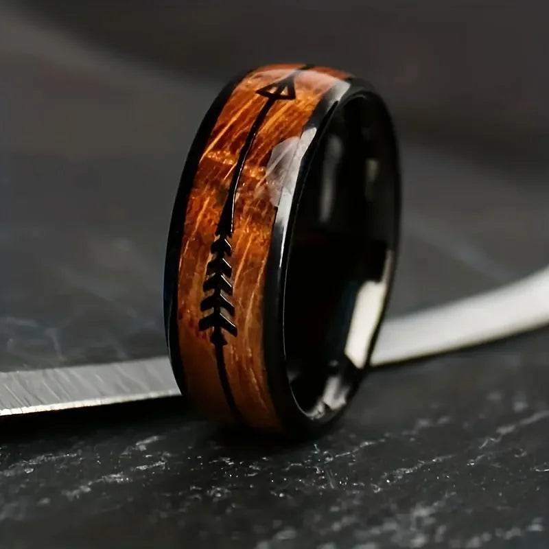 Wholesale Silver Color Brushed Fashion 8mm Men Stainless Steel Rings Deer Antler And Koa Wood Rings for Men Wedding Band Jewelry