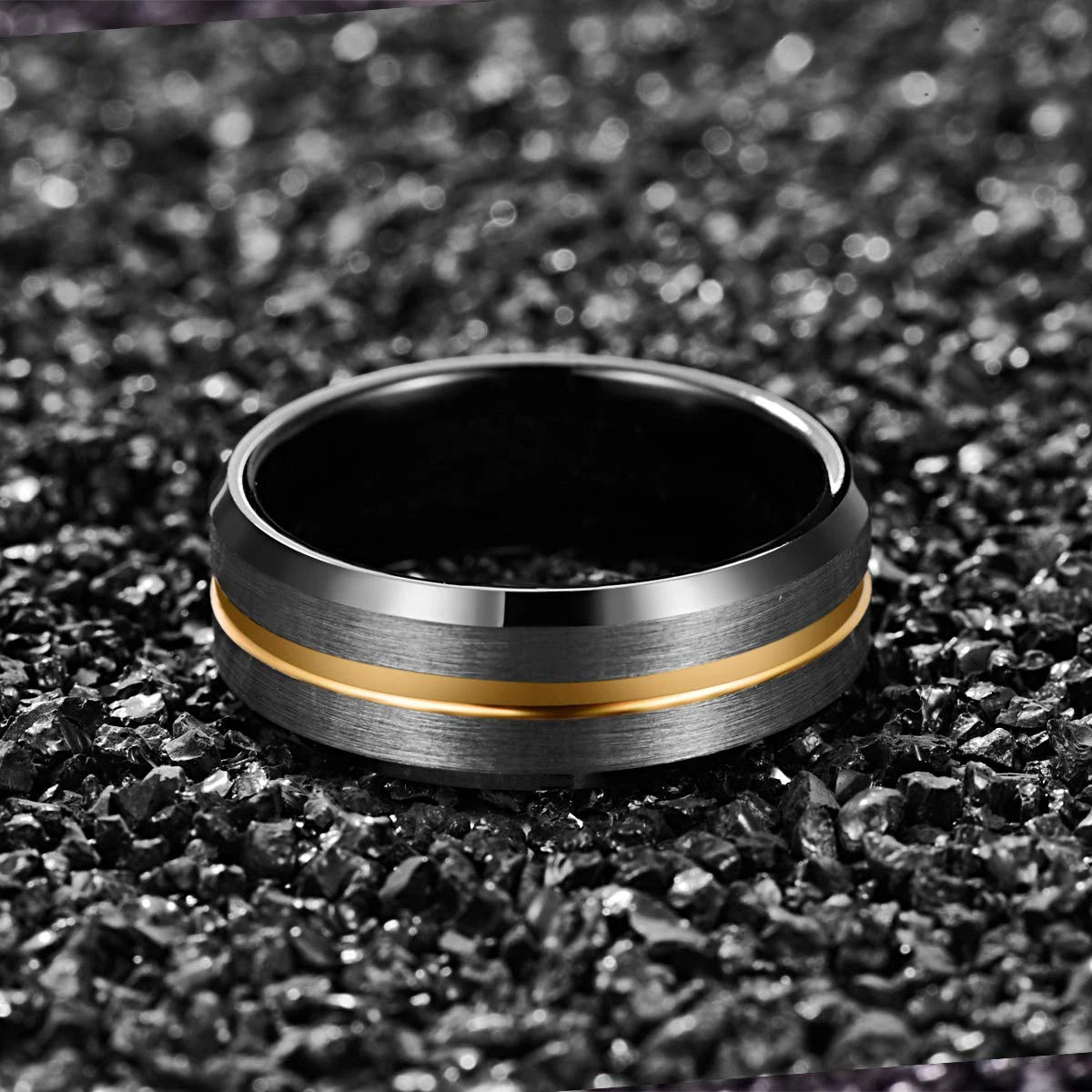 Fashion 8mm Gold Color Groove Men Stainless Steel Rings Silver Color Brushed Black edge Rings For Men Women Wedding Band Jewelry