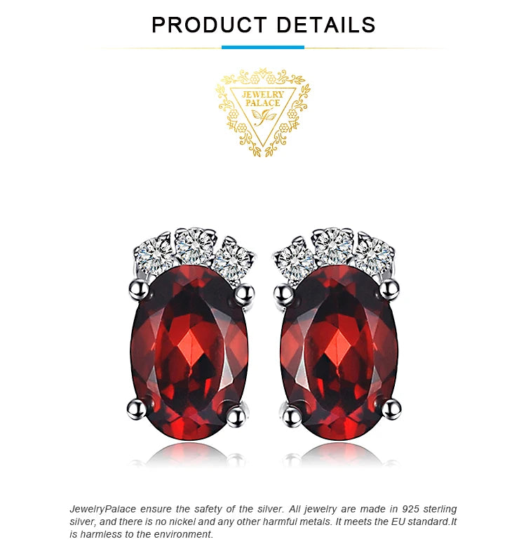 JewelryPalace Oval Red Genuine Natural Garnet 925 Sterling Silver Stud Earrings for Women Fashion Statement Gemstone Jewelry