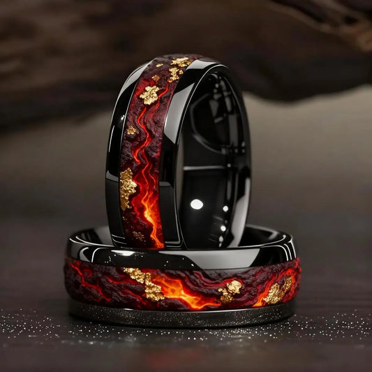 Fashion Black Men Stainless Steel Ring with Volcanic Lava and Golden Foil Pattern Inlay Rings for Men Wedding Jewelry Drop Ship