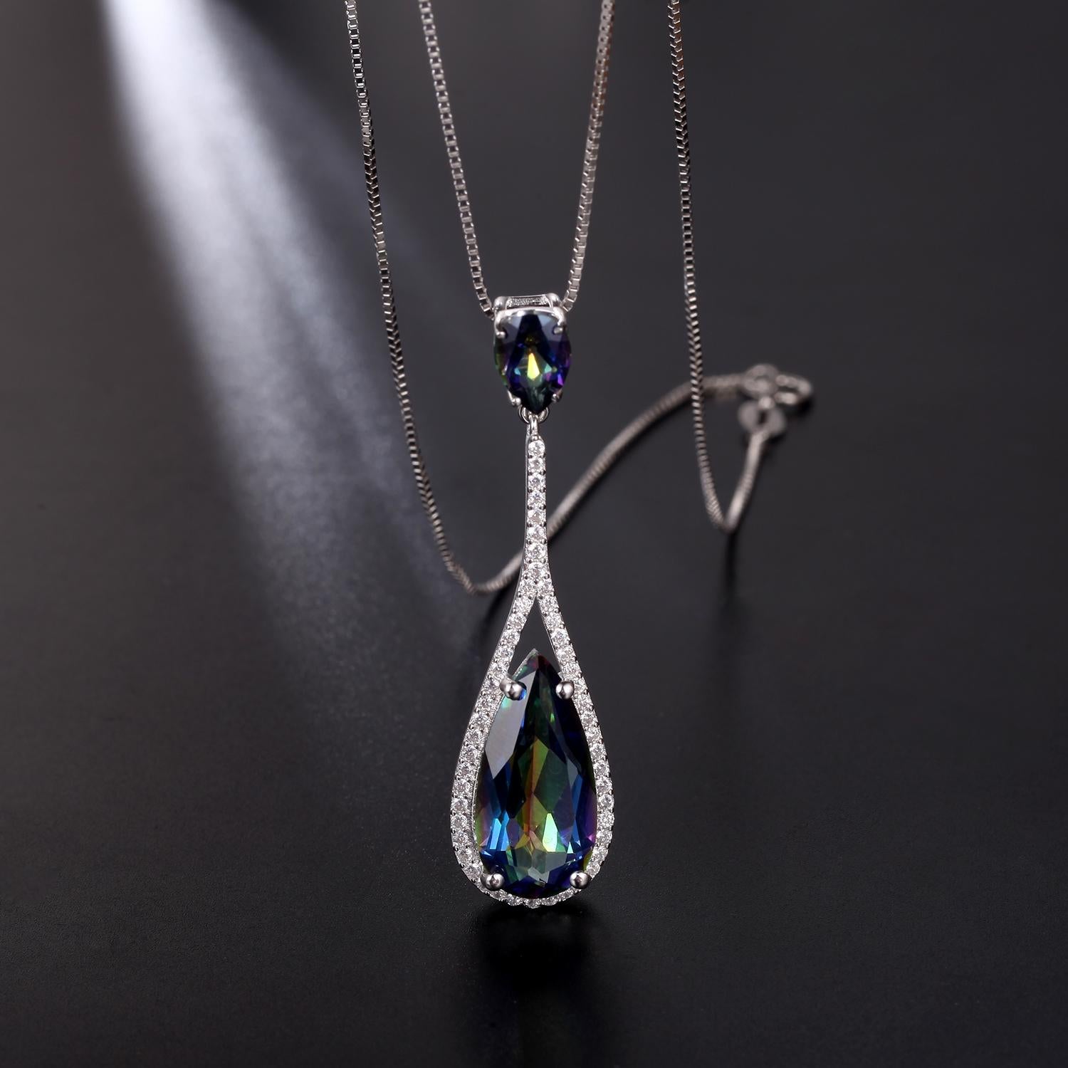 GEM&#39;S BALLET Round and Pear-Shaped Blueish Mystic Quartz Gemstone Halo Pendant Neckace in 925 Sterling Silver Gift For Her