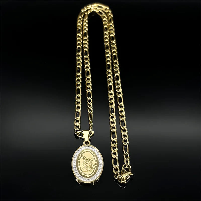 Seal of Archangel Michael Medal Necklace for Women/Men Rhinestone Stainless Steel Gold Silver Color Talisman Chain Jewelry
