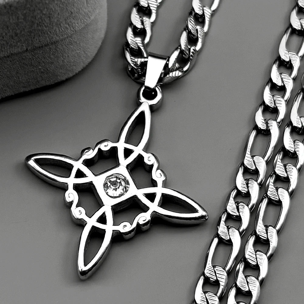 Stainless Steel Witch Knot Pendant Necklace for Women Men Gold Silver Color Rhinestone Wicca Pagan Chain Amulet Lucky Jewelry