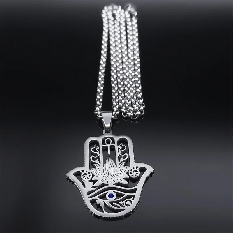 Hamsa Hand of Fatima Lotus Flower Eye of Horus Necklace Women Stainless Steel Silver Color Ankh Key of Life Necklaces Jewelry