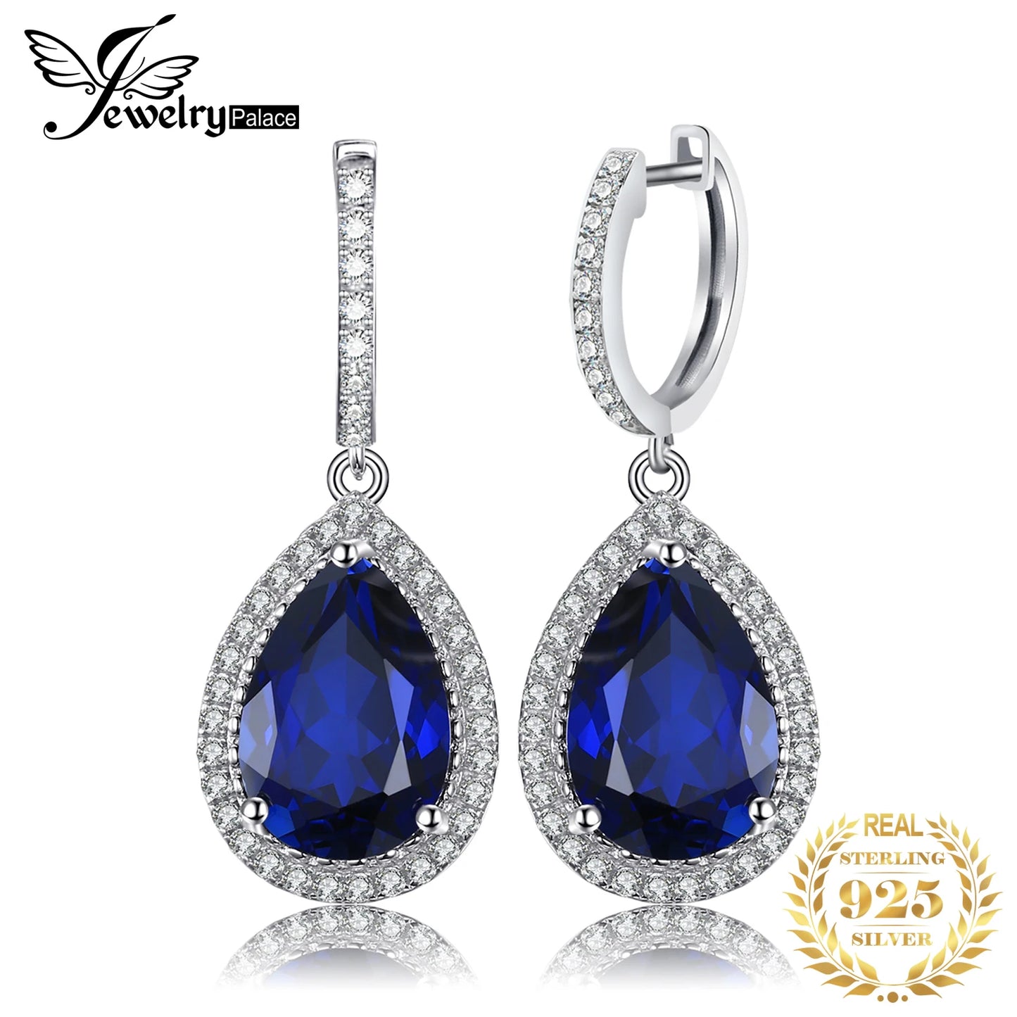JewelryPalace 12ct Huge Pear Created Blue Sapphire 925 Sterling Silver Dangle Earrings for Women