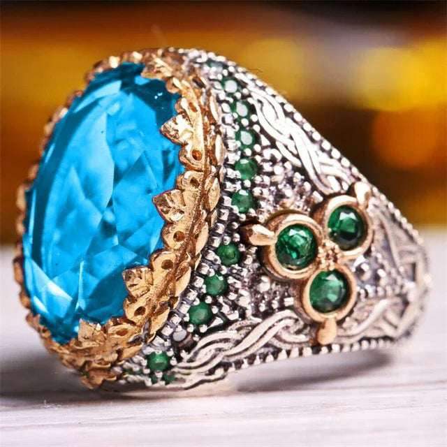 Inlaid Emerald Men's Luxury Ring Personality Retro Domineering Gem Sapphire Ring To Attend The Banquet Party Business Jewelry TJZ22021blue