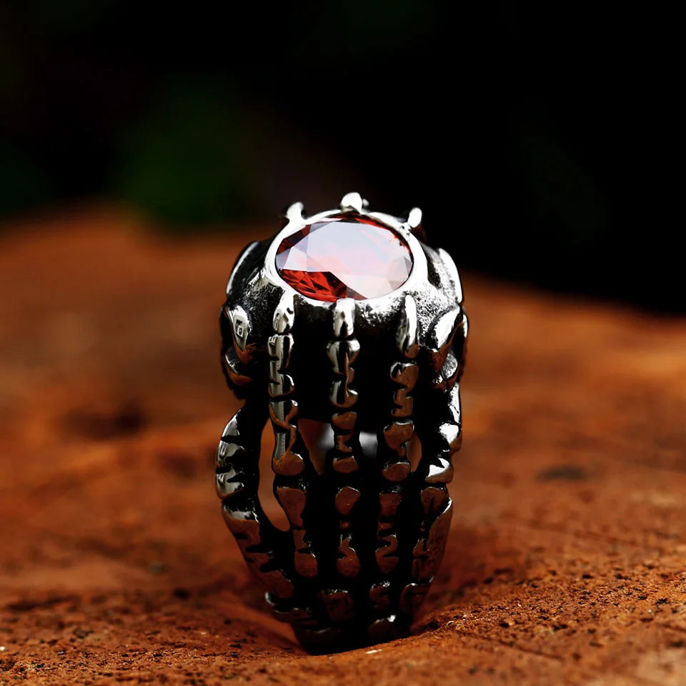 BEIER 2023 Updated 316L Stainless Steel  Skull Hand Bones Ring Paw Ring With Red Stone Punk Biker Jewelry Wholesale Gift