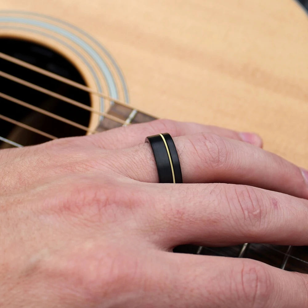 Fashion Black Stainless Steel Rings for Men With Guitar String Inlay Guitarist Ring For Musician Wedding Jewelry Drop Shipping