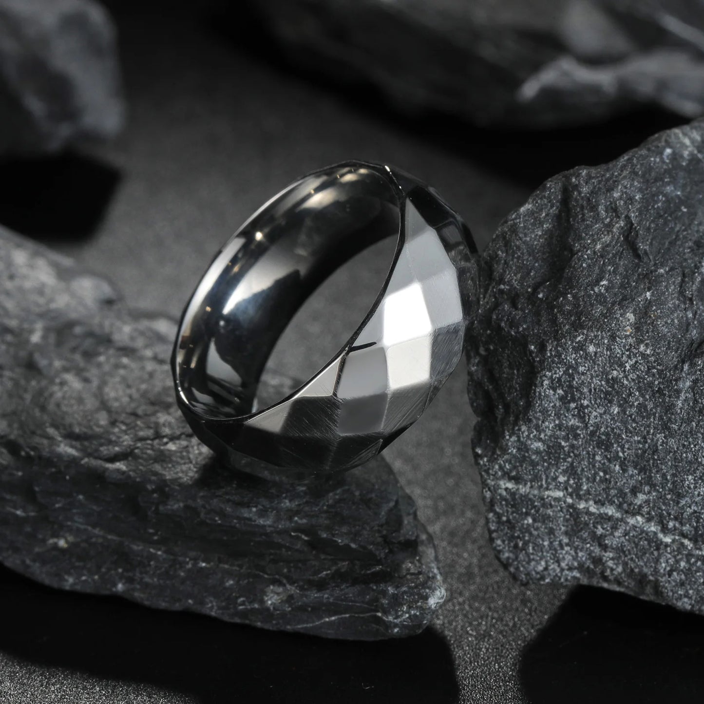 8mm width polished faceted silvery color men's Stainless steel ring USA size 6-13