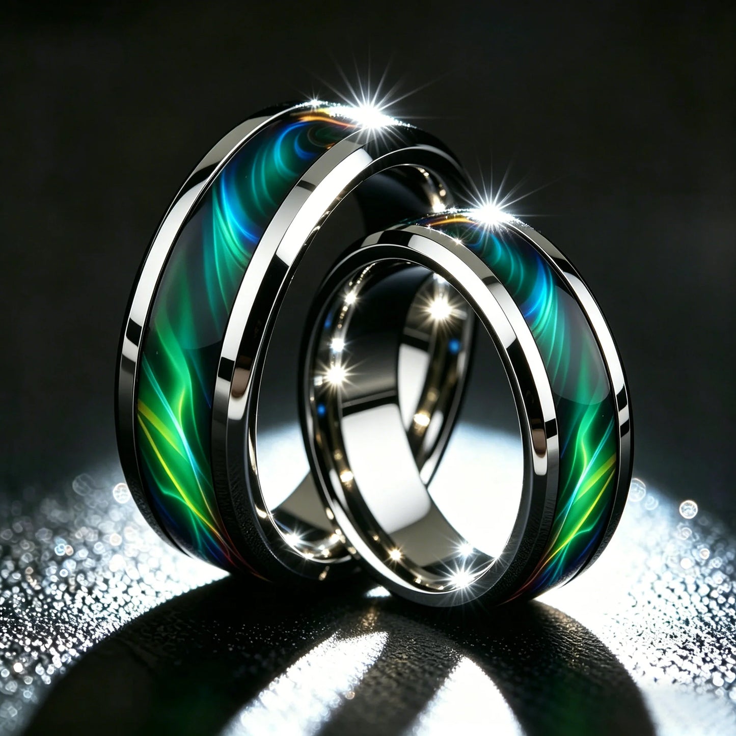 Men's Green Aurora Nebula Stainless Steel Ring, Silver Color Polished with Malachite Inlay, Punk Biker Jewelry Gift for Him