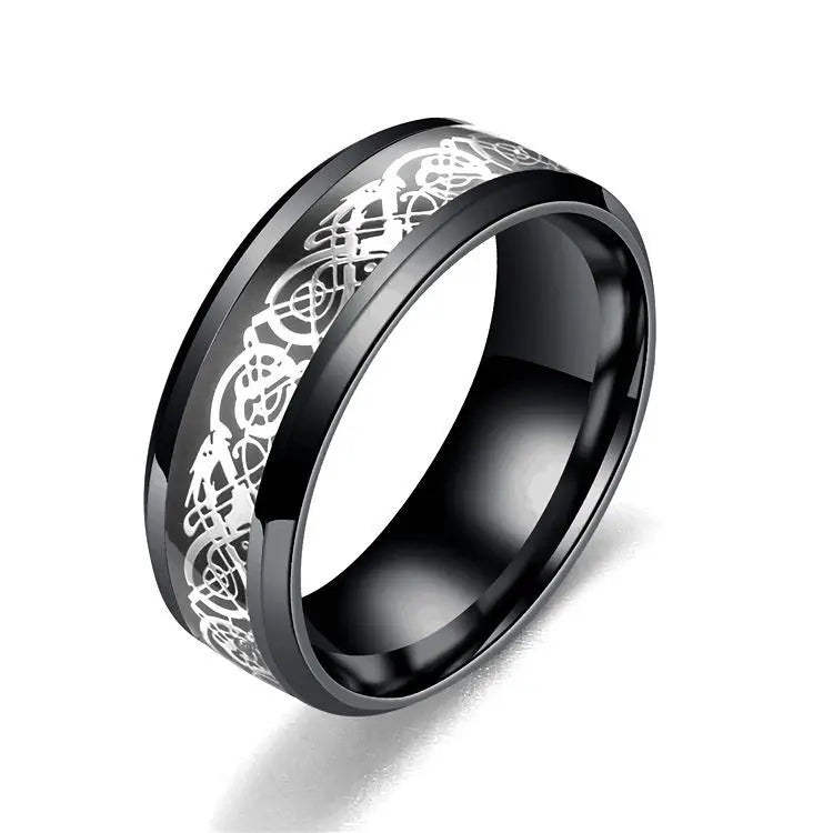 Fashion 8mm Black Stainless Steel Dragon Rings For Men Women Inlaid Blue Carbon Fiber Men Rings Punk Wedding Band Jewelry Gifts