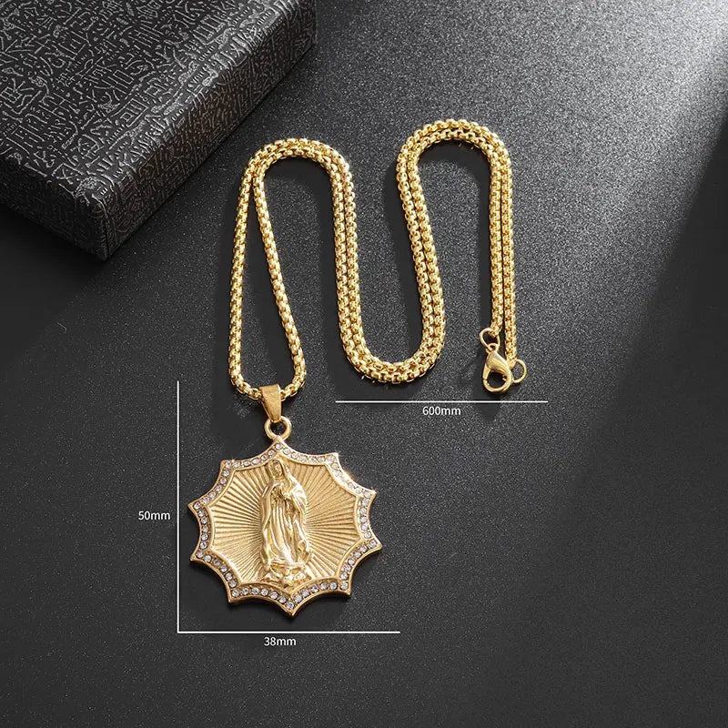 Classic Catholic Virgin Mary Square Pendant Necklace for Men Women Christian Religious Prayer Amulets Jewelry Gifts