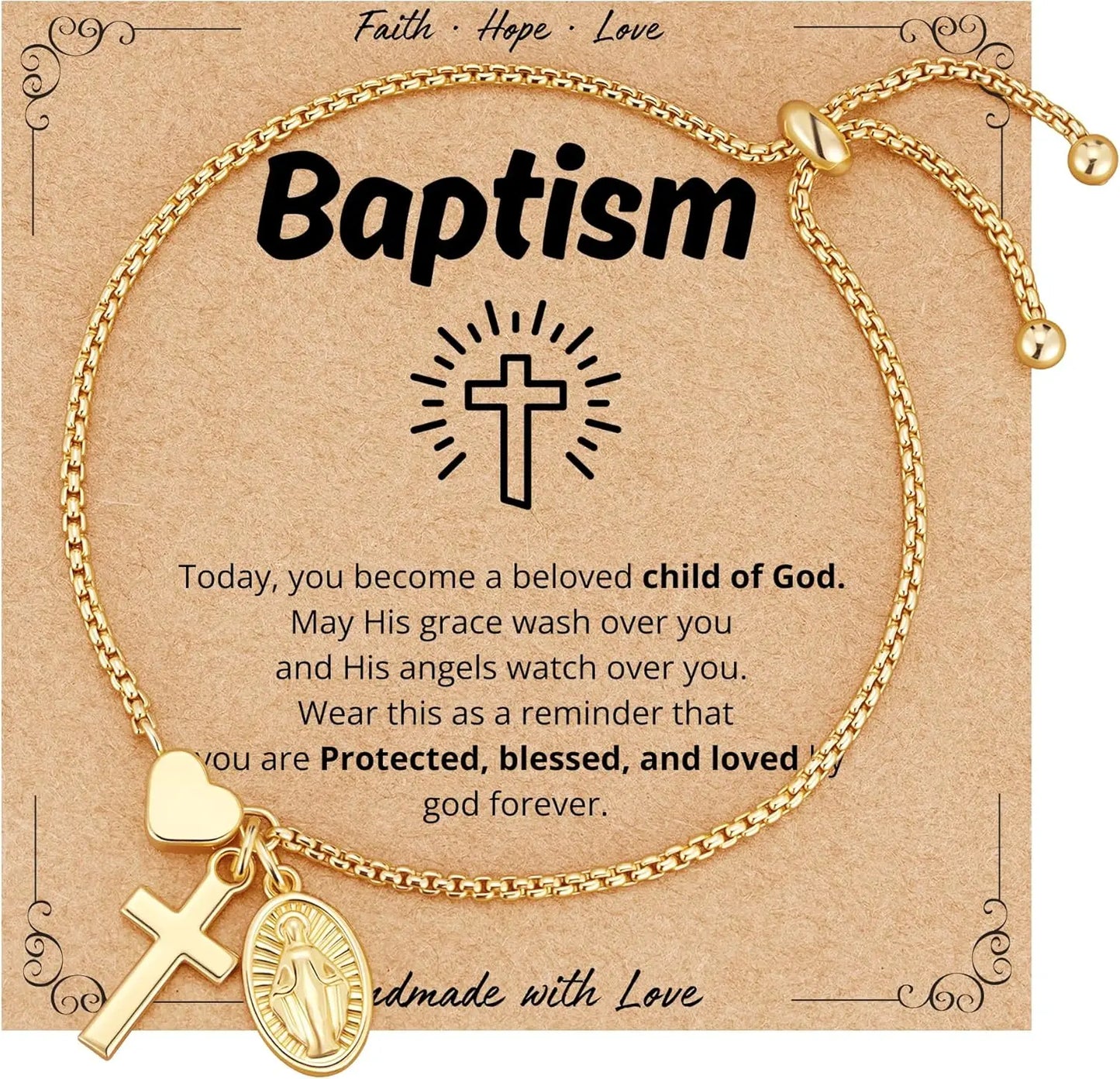 18k Gold Catholic Virgin Mary Cross Heart Bracelet Gift for Women Confirmation First Communion Religious Christian Faith Jewelry