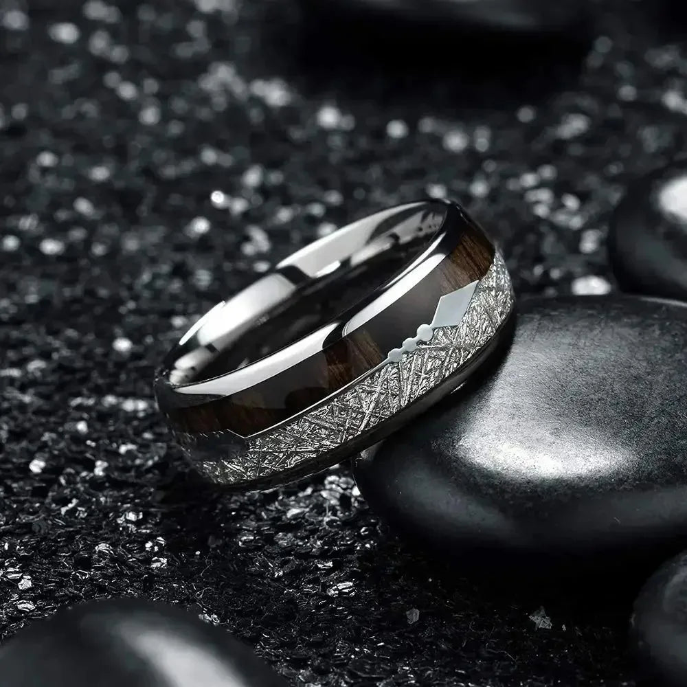 Fashion 8mm Men Silver Color Stainless Steel Arrow Rings for Men Inlaid Koa Wood Meteorite Wedding Band Jewelry Drop Shipping