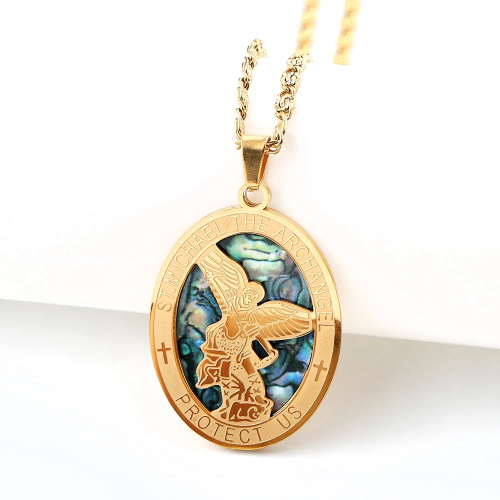 Archangel St.Michael Protect Us Oval Pendant Necklace for Women Men Stainless Steel Christian Saint Michael Chain Jewelry Gift