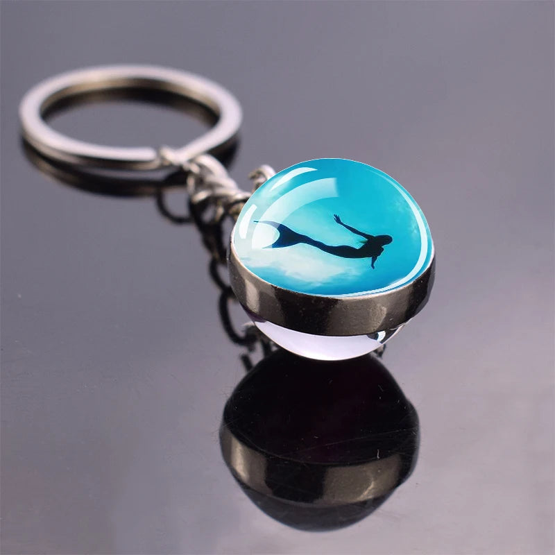 Blue Sea Keychain Marine Organisms Cute Key Chain Double Sided Glass Ball Pendant Dolphins Turtles Starfish Keyring Jewelry Gift As show 13