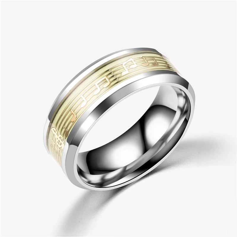 Stainless Steel Ring, Glowing In Dark Luminous Rings, Music Stave Pattern Rings for Men Women, Fashion Wedding Bands Jewelry