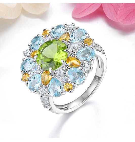 Natural Peridot Blue Topaz Citrine Ring 6.2 Carats Gorgerous Exquisite Style S925 Fine Jewelrys Women Anniversary Luxry Gifts