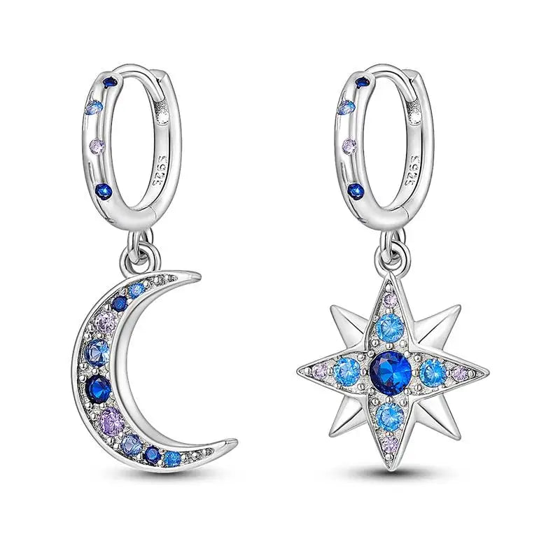 Genuine 925 Sterling Silver Starry Moon Feather Hoop Earrings Fit Original Charms Fashion Women Earrings Jewelry Gift 2024 New KTE027