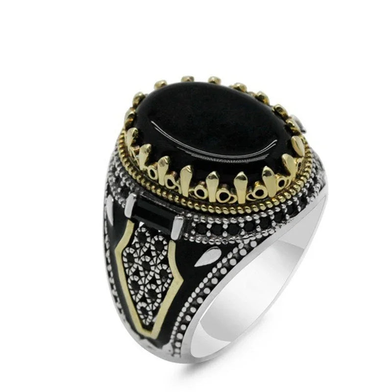 New Retro Handmade Turkish Rings for Men Vintage Double Swords Black Zircon Rings Punk 2024 Trendy Islamic Religious Muslim