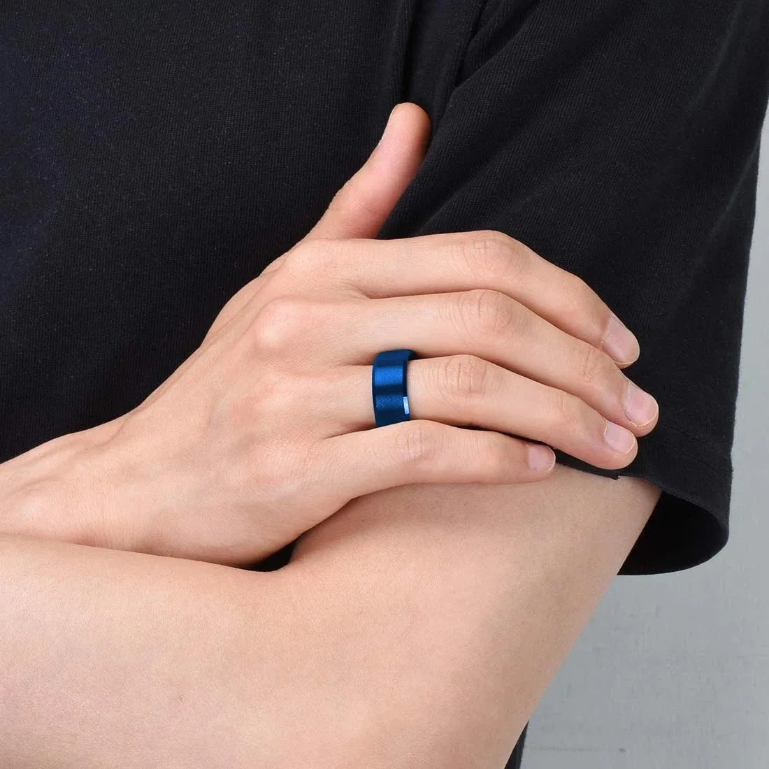 Simple 8mm Blue Stainless Steel Rings For Men Women Blue Matte Finish Beveled Polished Edge Men Rings Wedding Band Jewelry Gift