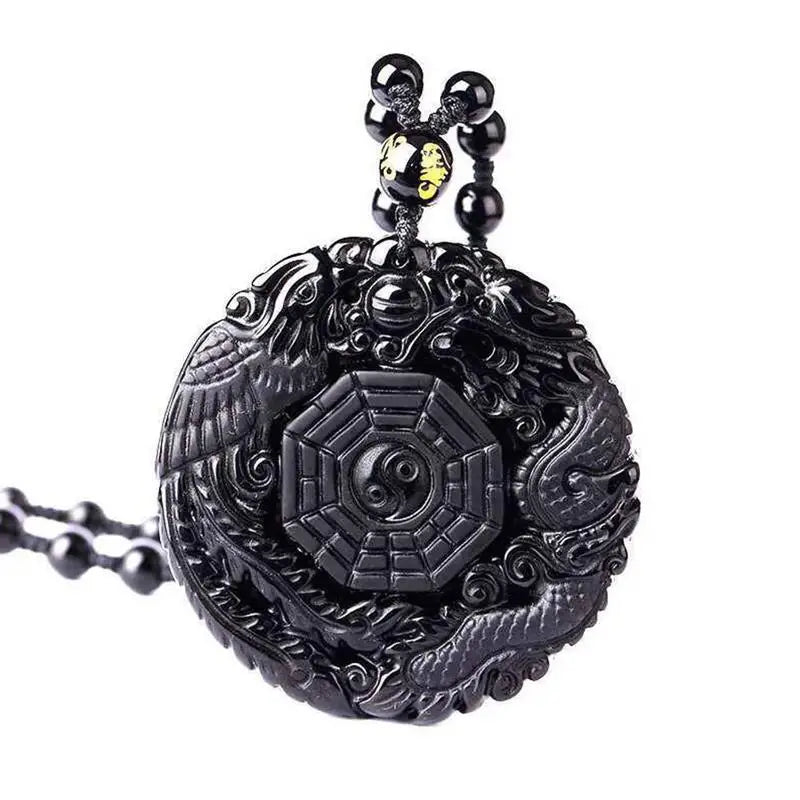 Natural Black Obsidian Hand Carved Chinese Dragon Phoenix Bird Amulet BaGua Necklace For Women Men Luck Mascot Amulet Pendant Black China