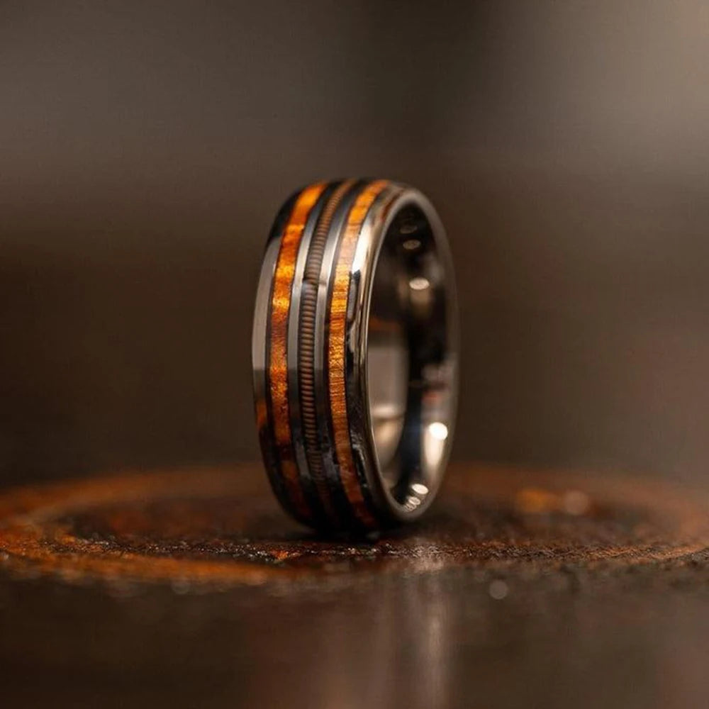 Fashion 8mm Black Color Stainless Steel Rings for Men Double Groove Meteorite Inlay Dome Men Finger Ring Wedding Band Jewelry