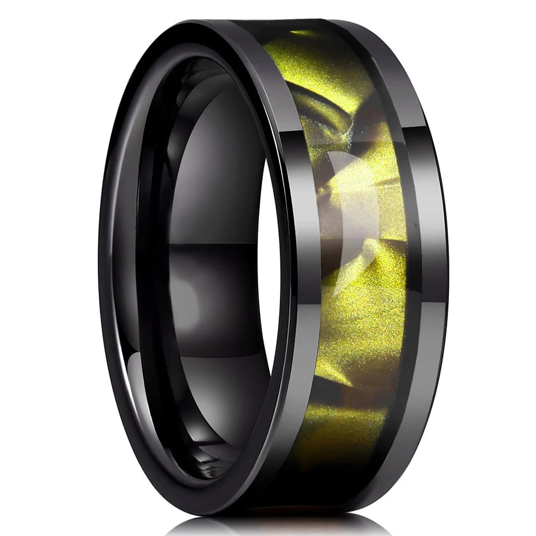 Fashion 8mm Men Black Stainless Steel Rings High Polished Yellow Abalone Shell for Men Wedding Party Jewelry Anniversary Gifts