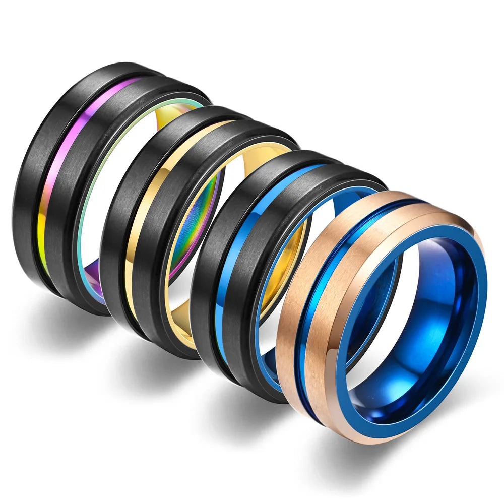 Fashio Men Rings Black Titanium Stainless Steel Rings For Men Women Brick Pattern Finish Beveled Edge Wedding Ring Party Jewelry