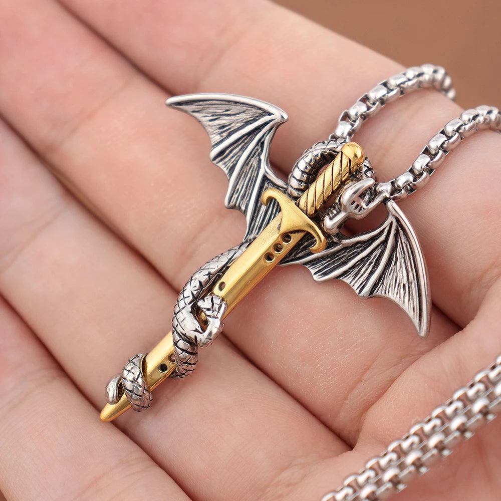 Vintage Stainless Steel Men's Dragon Necklace Fashion Steel Dragon Sword Chinese Pendant for Women Biker Jewelry Gift