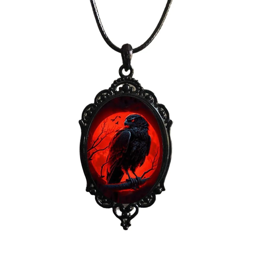 Gothic Raven Cross Glass Pendant Necklace Vintage Rope Chain Crow Choker Mystic Witch Jewelry Gift Accessories for Women Men