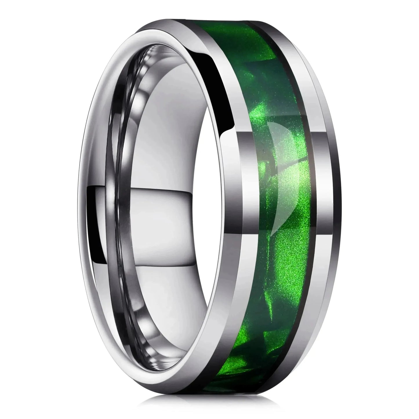 Fashion 8mm Stainless Steel Rings for Men Women, High Polished Purple Abalone Shell Inlay Ring, Men Wedding Party Jewelry