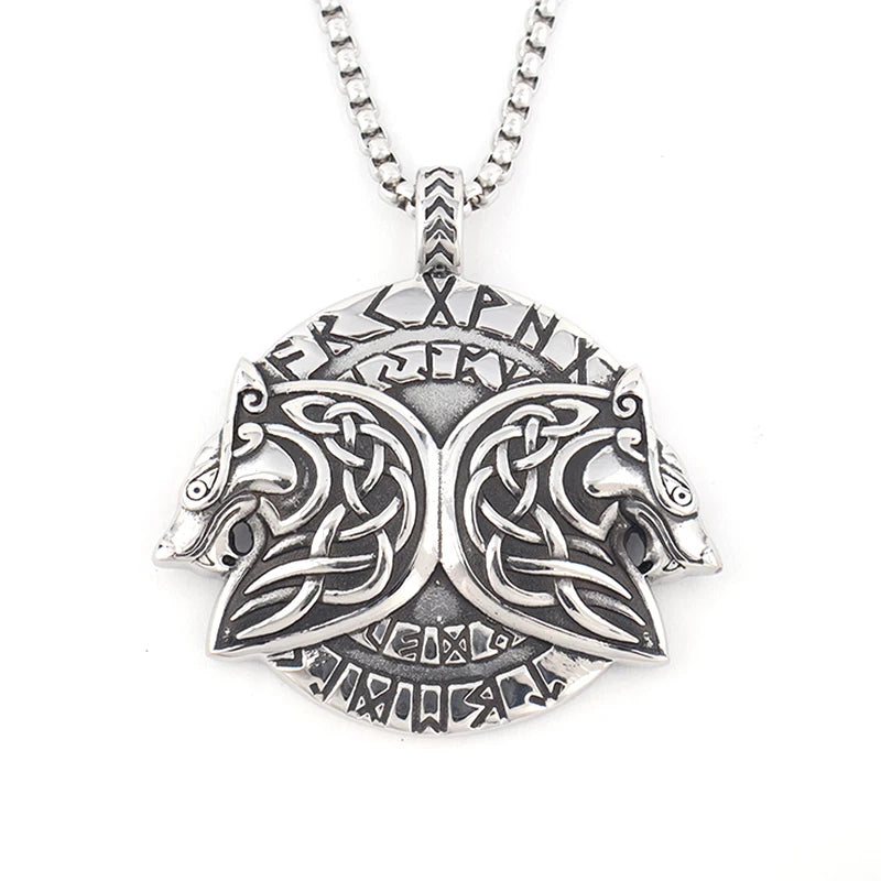 Wolf & Lion Pendant Necklace with Norse Runes Vintage Style Viking Tribal Chain for Men, Punk Biker Stainless Steel Jewelry Gift