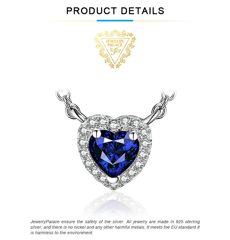 JewelryPalace Heart Created Blue Sapphire 925 Sterling Silver Pendant Necklace for Woman Gemstone Fine Jewelry Fashion Gift 45cm